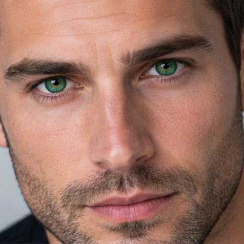 Man wearing bold green coloured contact lenses