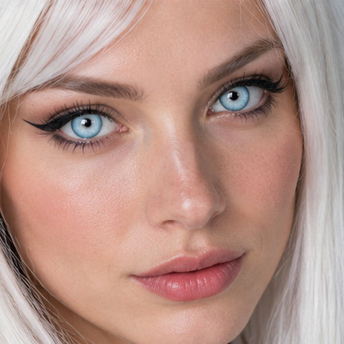 Woman with a white wig wearing ice blue contact lenses for dress up